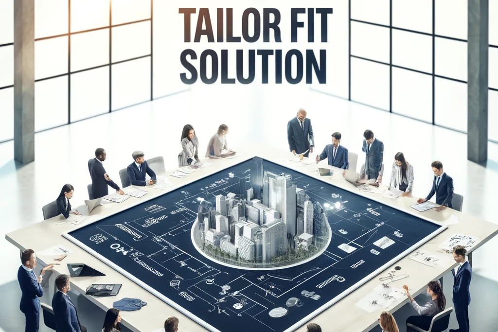 many people gathered around table working on project management for large project with words tailor fit solution above all of…