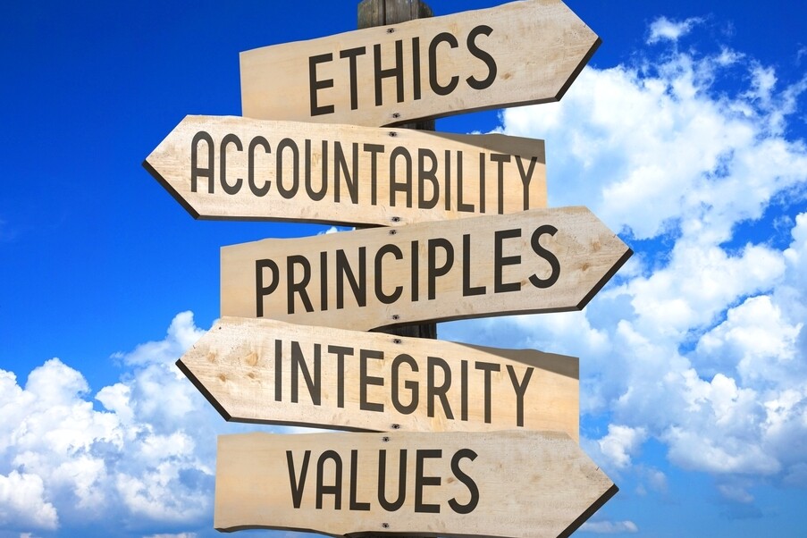 old style road sign with words on each arrow that say: ethics, accountability, principles, integrity, values