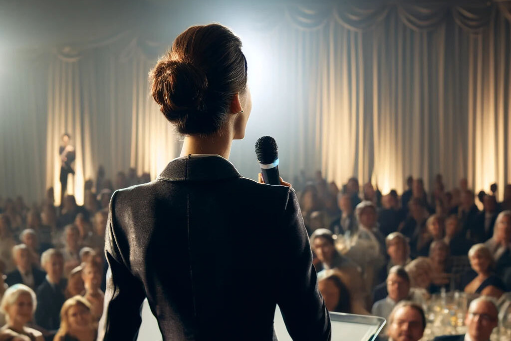 woman auctioneer on stage in elegant cocktail dress looking out at crowd