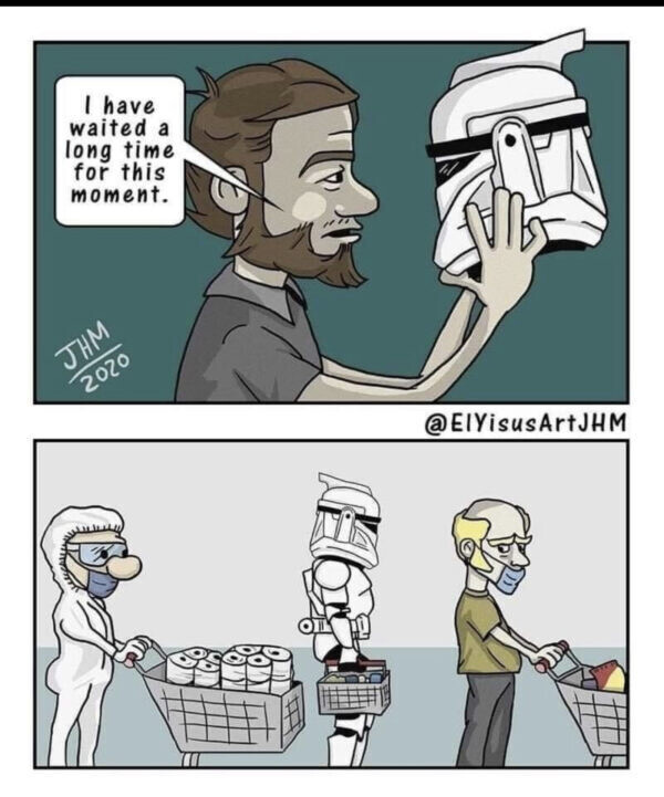cartoon of a man holding a starwars costume up saying 'I have waited a long time for this moment' and then him wearing it to the…