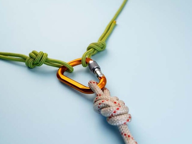 locking orange carabiner with three ropes tied to it connecting all of them