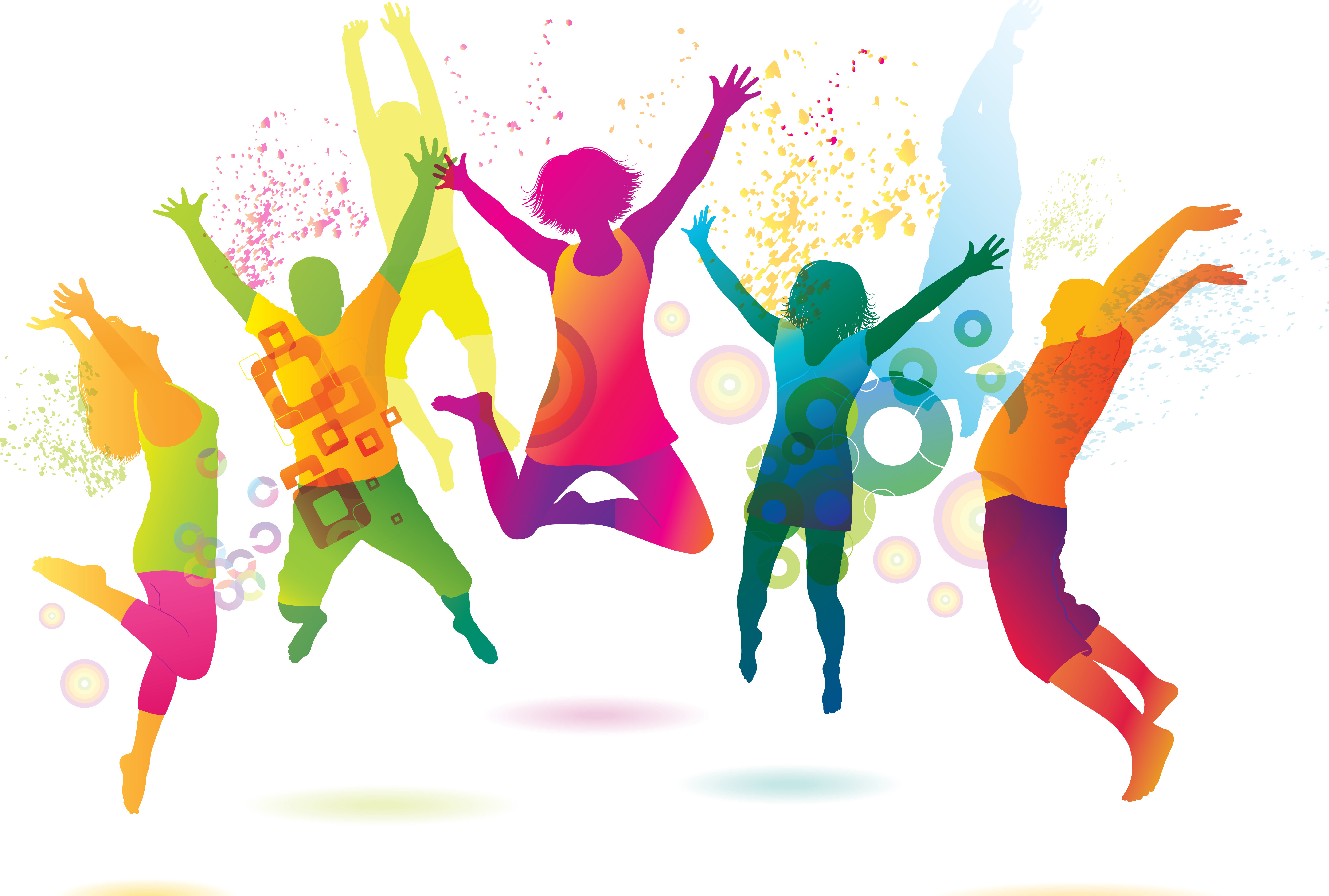 5 persons jumping for joy in a colorful outline with circles and paint splatter