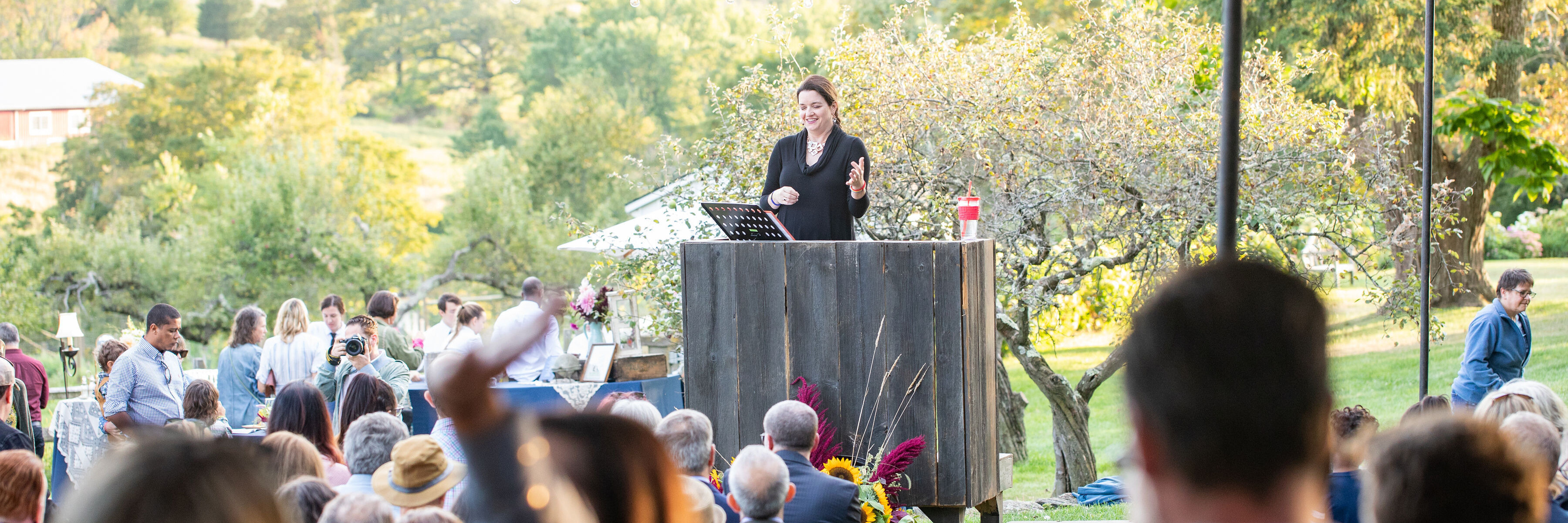 Outdoor auction crowd in summer time, woman speaking at podium